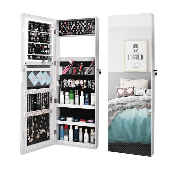 Karl home Retro White PVC Wood Grain Coating Whole Body Mirror Jewelry Armoire 47.24 in. H x 15.75 in. W x 4.72 in. D
