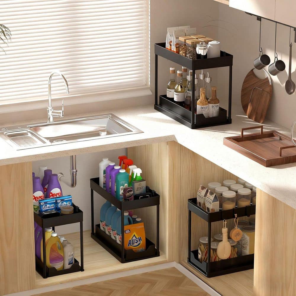 Anqtovp 13 in. Pull-Out Sliding Cabinet Organizer with 2-Tier