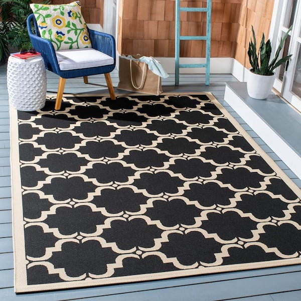 Courtyard Black/Beige 5 ft. x 8 ft. Border Indoor/Outdoor Patio  Area Rug