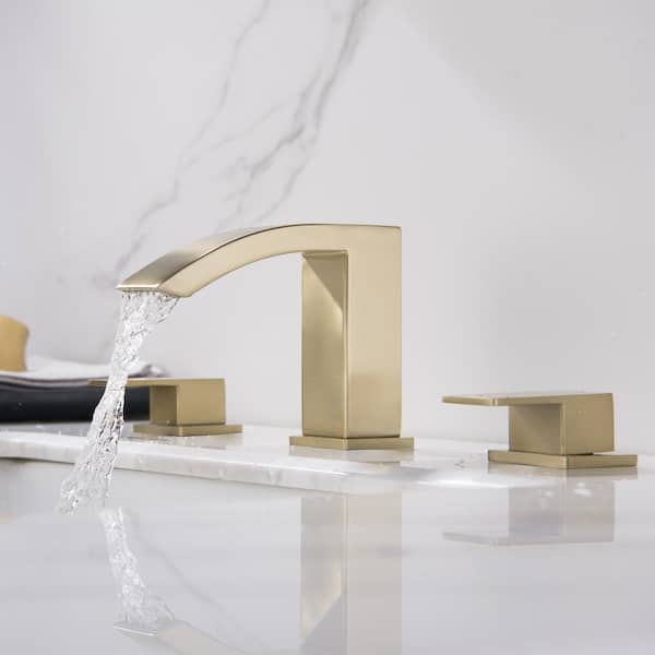 8 in. Widespread Deck Mount 2-Handle Waterfall Bathroom Faucet in Brushed Gold