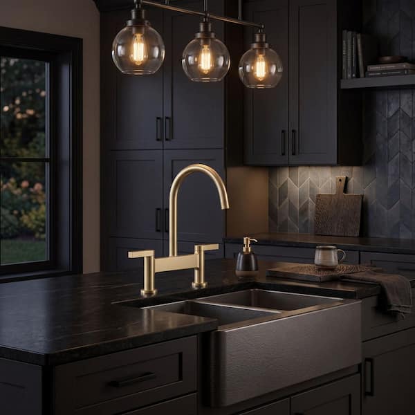 Modern Double-Handle 2-Holes Deck Mount Bridge Kitchen Faucet With 360 Swivel Spout Sink Faucet in Brushed Gold