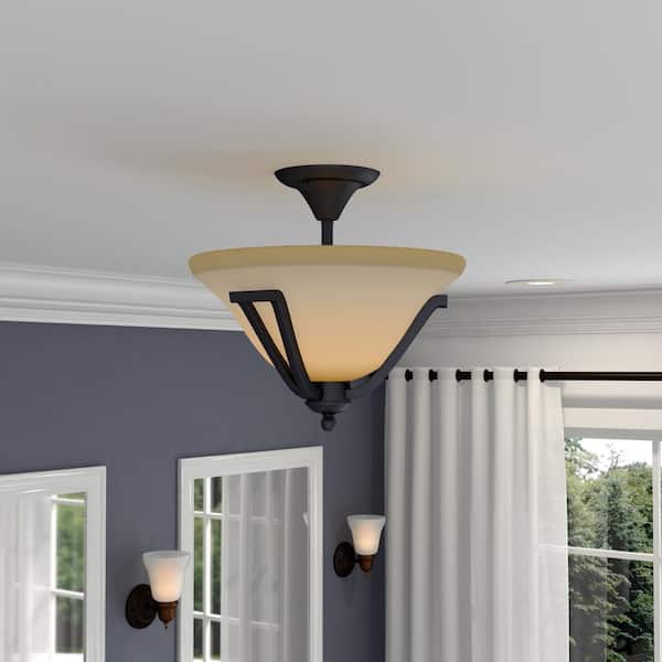 Commercial Electric 13 in. 2-Light Rustic Iron Semi-Flush Mount with Antique Ivory Glass Shade