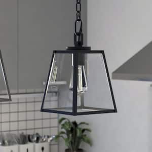 Grant 7 in. 1-Light Black Indoor Outdoor Farmhouse Mini Pendant Lantern, Hanging Ceiling Light with Clear Glass Panels