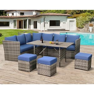 7-Pieces Patio Gray Wicker Furniture Dining Set with Blue Cushions