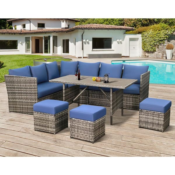 AECOJOY 7-Pieces Patio Gray Wicker Furniture Dining Set with Blue Cushions