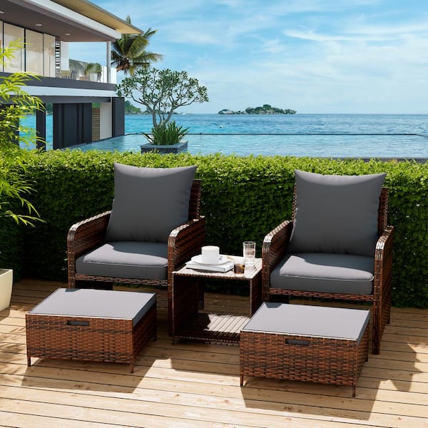 Poteban 3 of Piece Brown Wicker/Rattan Patio Conversation Sets With Gray Cushion