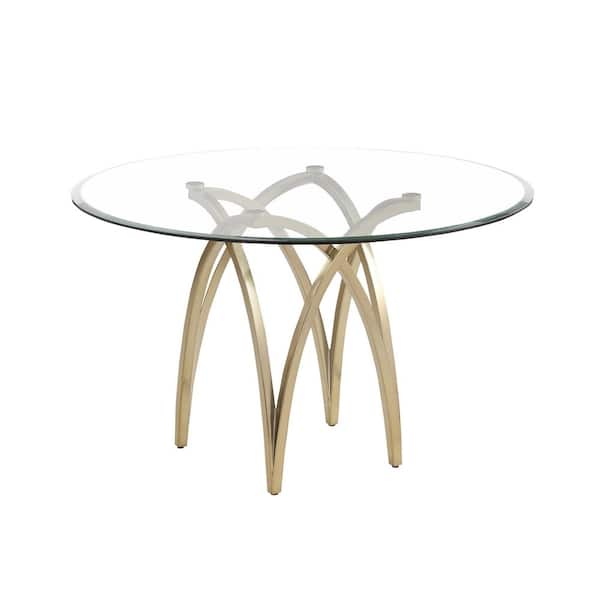 Best Quality Furniture Bayton Clear Glass Top 48 in W. Pedestal Base Brushed Matte Gold Chrome-Plated Dining Table Seating Capacity of 4