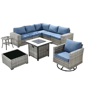 Metis 9-Piece Wicker Outdoor Patio Fire Pit Sectional Sofa Set and with Denim Blue Cushions and Swivel Rocking Chairs