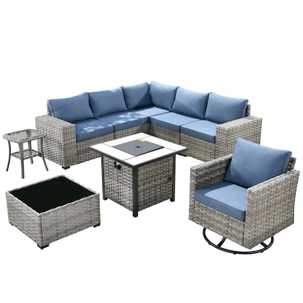 XIZZI Metis 9-Piece Wicker Outdoor Patio Fire Pit Sectional Sofa Set and with Denim Blue Cushions and Swivel Rocking Chairs