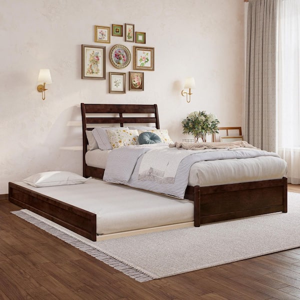AFI Emelie Walnut Brown Solid Wood Frame Twin XL Platform Bed with Panel Footboard and Twin XL Trundle