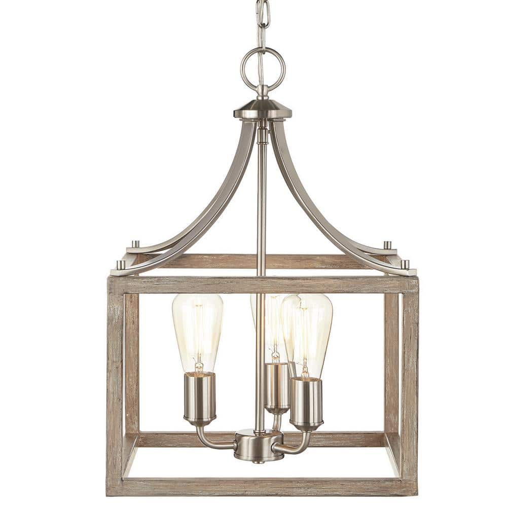 Hampton Bay Boswell Quarter 3-Light Brushed Nickel Pendant with Weathered Wood Accents