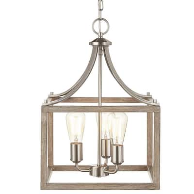 Boswell Quarter 14 in. 3-Light Brushed Nickel Farmhouse Square Chandelier with Painted Weathered Gray Wood Accents