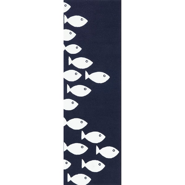 Airelibre Fish Indoor/Outdoor Navy 2 ft. 6 in. x 6 ft. Runner Rug