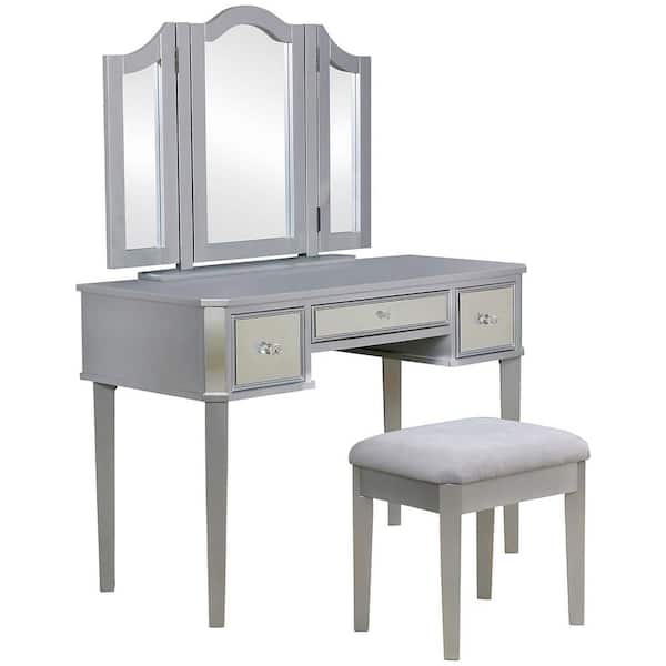 Benjara 43 in. Silver Wood Frame Makeup Vanity Set with Desk, Stool and 3 Sided Mirrors