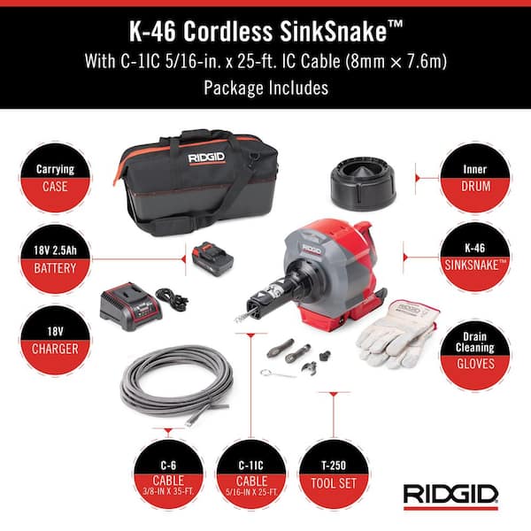 RIDGID K-46 Cordless SinkSnake Deluxe Kit w/ 5/16 in. x 25 ft. & 3