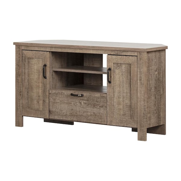 South Shore Lionel 48 in. Weathered Oak Particle Board Corner TV Stand Fits TVs Up to 48 in. with Storage Doors
