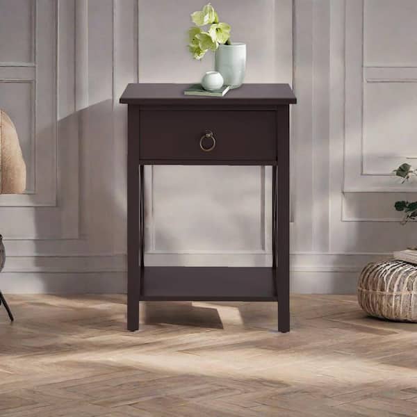 MAYKOOSH 12 in. Espresso Narrow Wood End Table with Drawer and Shelf-Compact Side Table for Small Bedrooms or Living Rooms