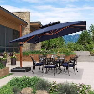 12 ft. Square High-Quality Wood Pattern Aluminum Cantilever Polyester Patio Umbrella with Stand, Navy Blue