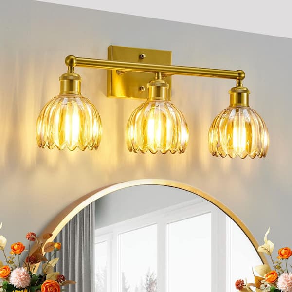 19.7 in. 3-Light Gold Vanity Light Wall Light Over Mirror with Amber Tulip Glass Shade