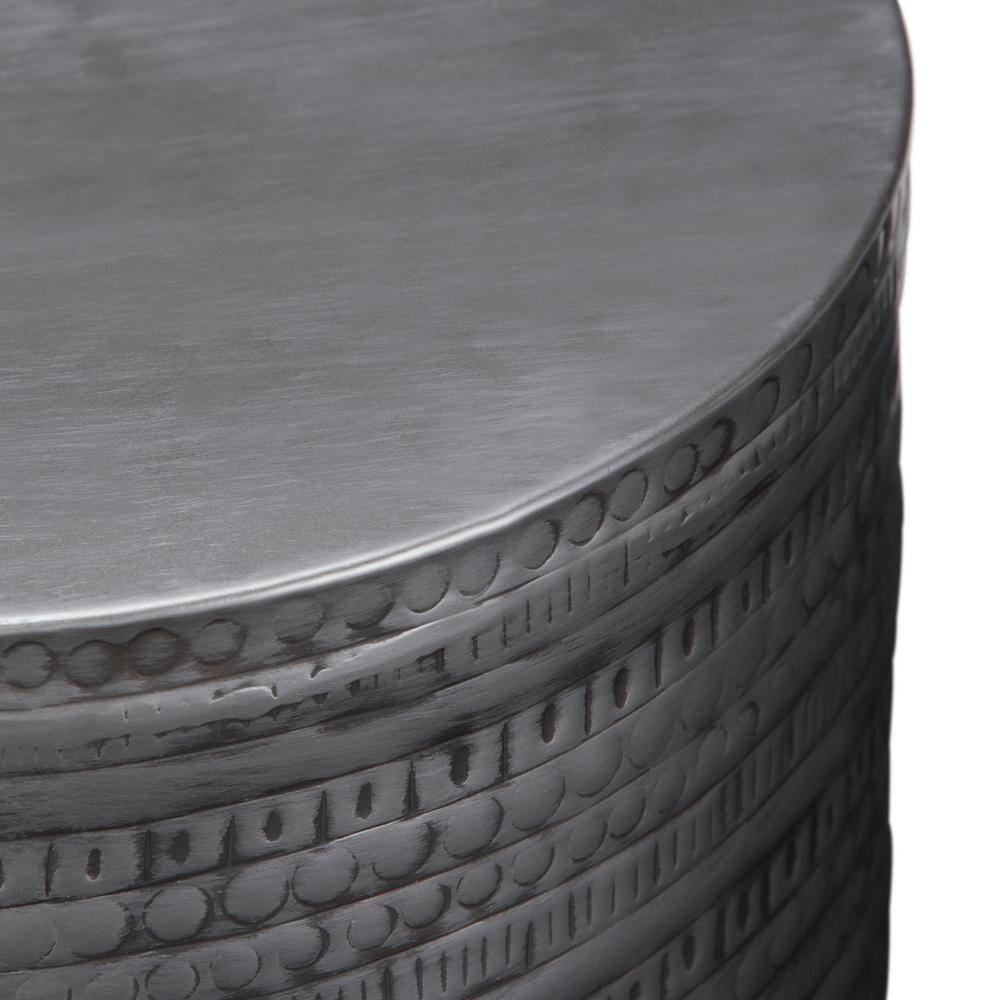 Antique Silver Textured 15'' Round Metal Accent Side Table