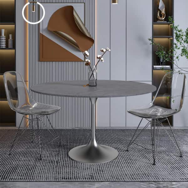 Leisuremod Verve Modern 48 Round Dining Table with Sintered Stone Tabletop in Chrome Stainless Steel Pedestal Base, Grey