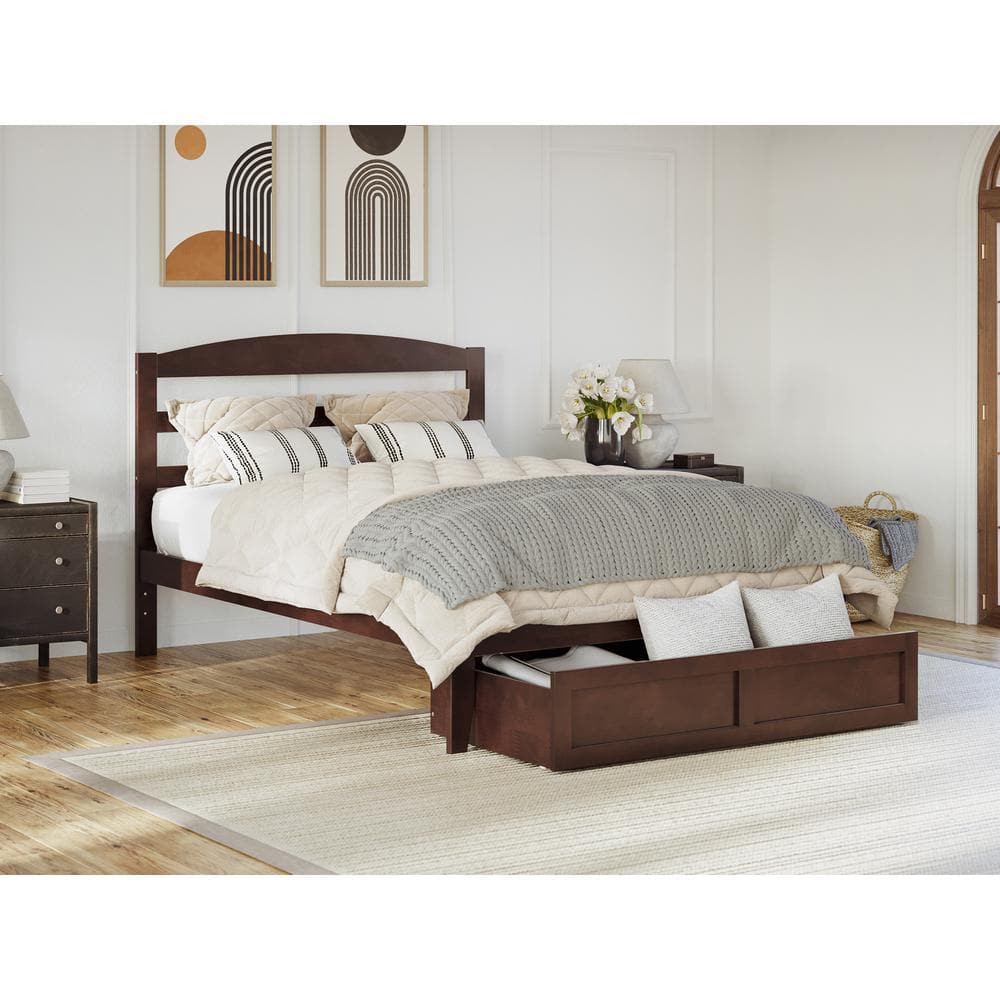 Warren Queen Walnut Wood Platform Bed with Foot Drawer