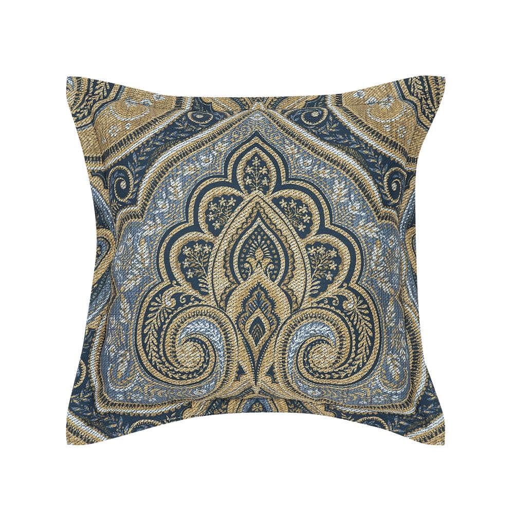 Messina Navy Polyester Damask 18 Square Decorative Throw Pillow 18 In. L