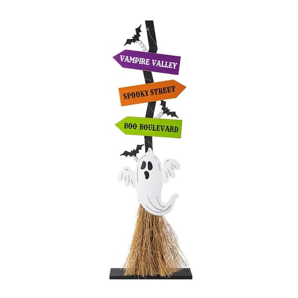 Glitzhome 41.75 in. H Lighted Wooden Ghost's Broom Porch Decor with Timer (KD)