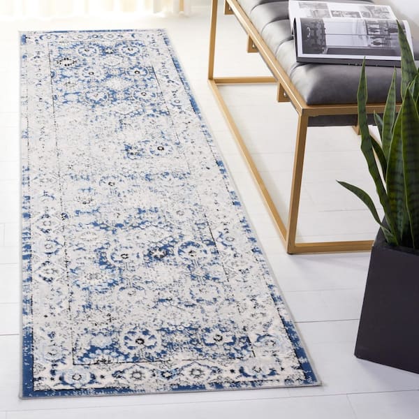 Odyssey 2 ft. x 8 ft. Gray/Navy Distressed Border Oriental Runner Rug