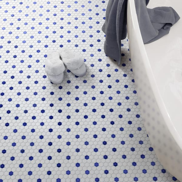 Metro Ion 1 in. Hex Sapphire Dot with Glossy White 10-1/4 in. x 11-7/8 in. Porcelain Mosaic Tile (8.6 sq. ft./Case)