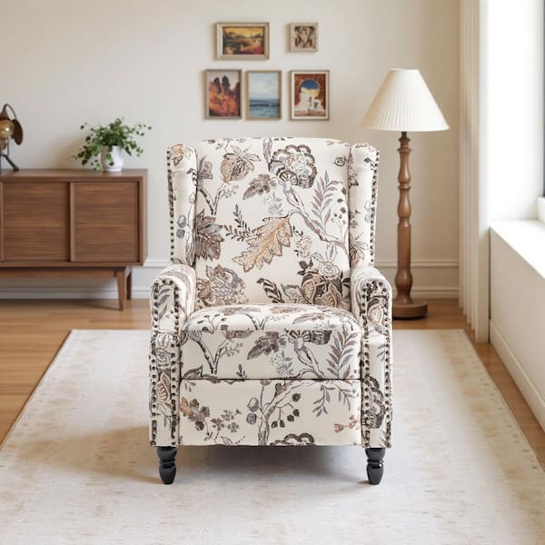 Plants Beige Linen Nailhead Trim Upholstered Manual Recliner Chair with Adjustable Footrest(Set of 1)