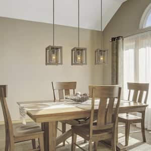 Farmhouse 1-Light Wood Cage Pendant Light Brown Ceiling Lamp with Rustic Rectangle Shade for Kitchen Island and Bedroom