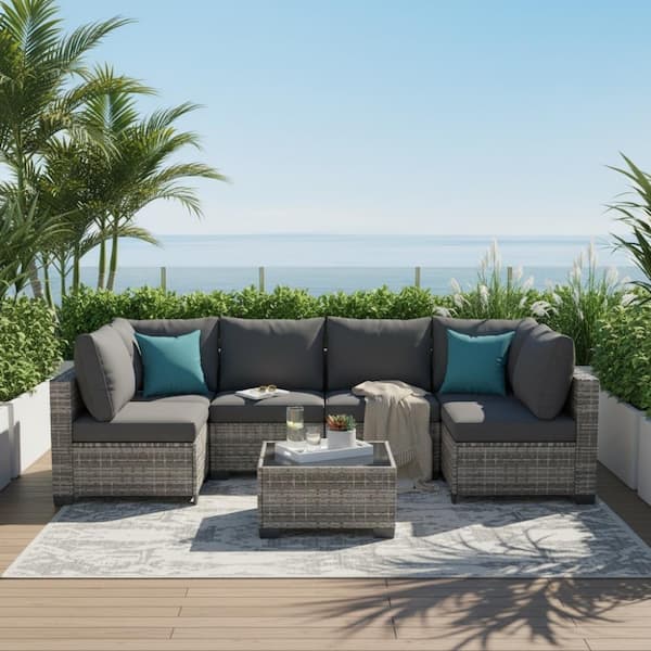 Zeus & Ruta 7-Piece Brown Wicker Outdoor Sectional Set with Blue