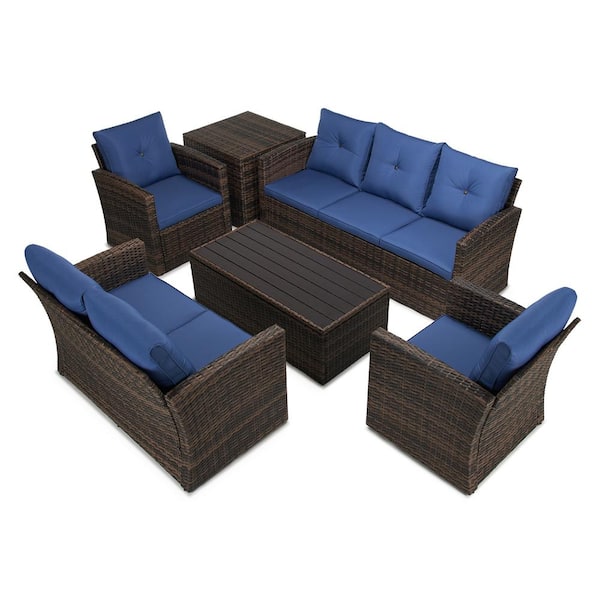 EDYO LIVING 6Piece Wicker Patio Conversation Set with Blue Cushions
