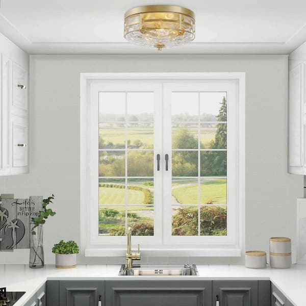 Amelia 3-Light Brass Gold Flush Mount Light with Water Ripple Glass Shade