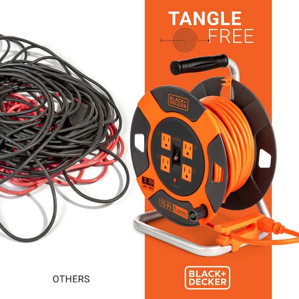 BLACK+DECKER 75 Ft. Retractable Extension Cord Reel With 4 Outlets,  Multi-Plug Extension, Easy Handle Rewind & Heavy-Duty 14AWG SJTW Cable
