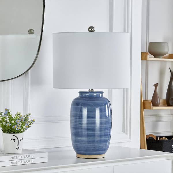 25 in. Blue Vintage Ceramic Bedroom Living Room Bedside Desk Nightstand Table Lamps USB Port