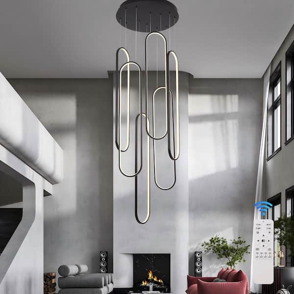 Modern LED Chandelier 6 Ring Dimmable Black High Ceiling Chandeliers with Remote Control for Foyer Entryway Staircase