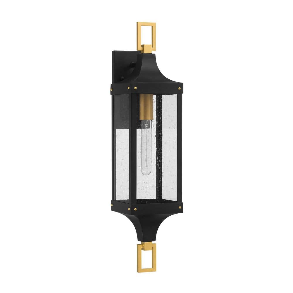 Matte Black and Brass Outdoor Wall Lantern with Seeded Glass