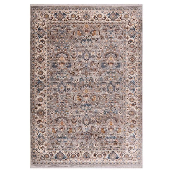 9 ft. x 13 ft. Gray Tan And Beige Oriental Area Rug With Fringe