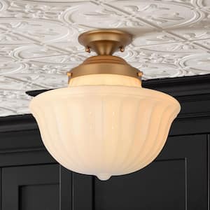 Kelsey 14.96 in. 1-Light Retro Mushroom-Shaped Milk White Glass Semi-Flush Mount Light