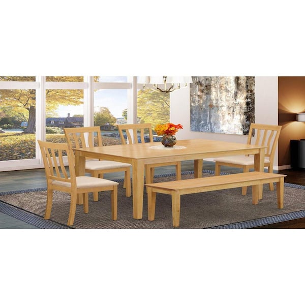 East West Furniture 6-Piece Rectangle Natural Oak Finish Solid Wood Top Dining Table with 1 Bench, 4 Chairs with Lattice Back