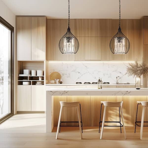 3-Light Black Single Globe Metal Fixture Pendant Light with Crystal Shade