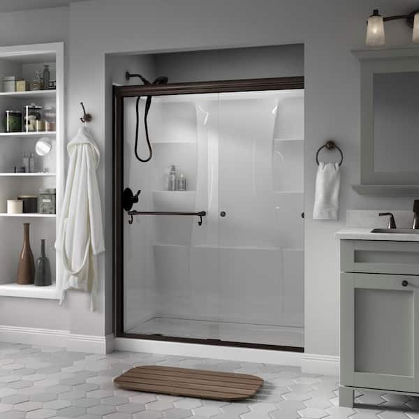 Delta Portman Traditional 50-1/8 to 59-3/8 in. W x 70 in. H Semi-Frameless Sliding Shower Door, Bronze, Frosted Glass