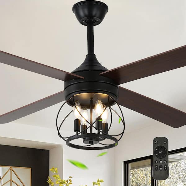 Koyah 52" Farmhouse Black Reversible Ceiling Fan with Light Kit and Remote, 6 Speed Downrod Fan