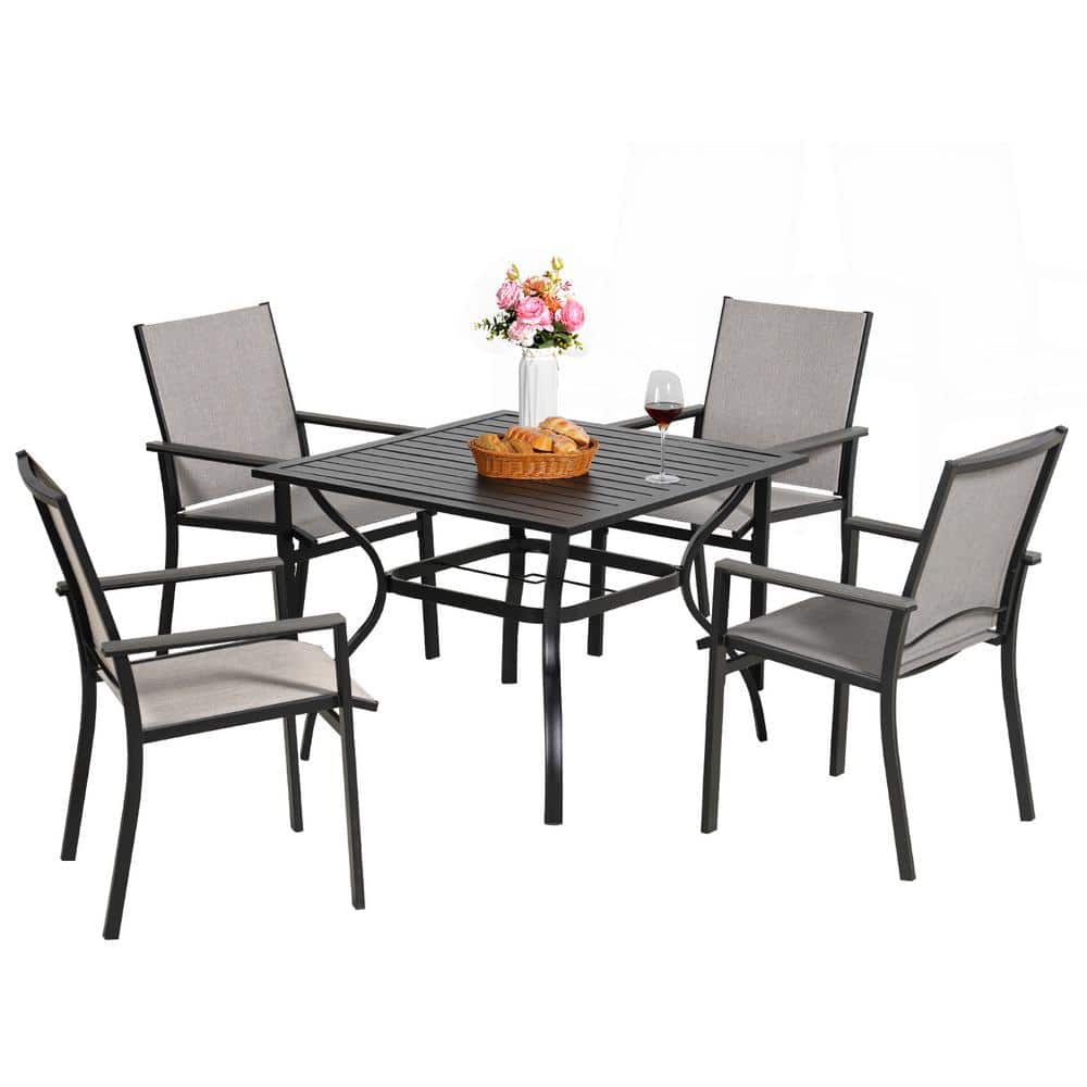 MEOOEM 5 Pcs Outdoor Patio Square Dining Table Set, Metal Bistro Table with 1.57" Umbrella Hole