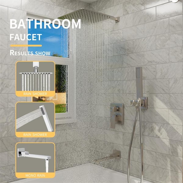 3-Spray Patterns with 2.0 GPM 12 in. Square Rainfall Shower Head Wall Mount Dual Shower Heads in Brushed Nickel
