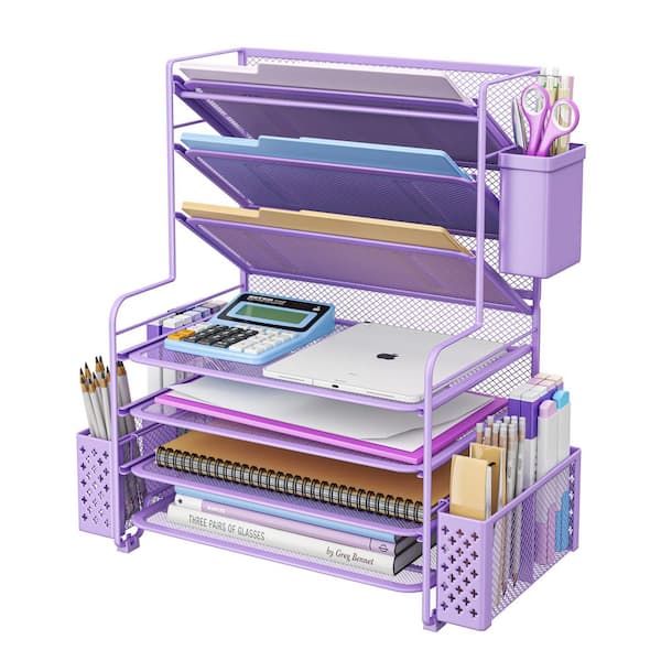 16.75 in x 16.75 in 7 Tier Desk File Organizer, Letter Tray Paper Organizer and Pen Holder, Purple