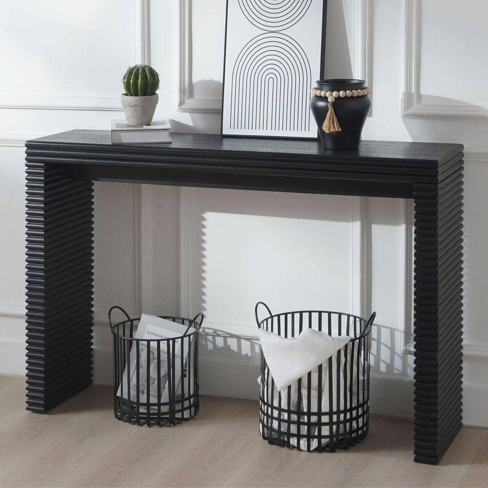 IDEAGLE 47.2 in. W Black Rectangle Wood Console Table with Fluted