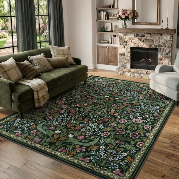 Multi-Colored Floral Plant Washable Green 6 ft. x 9 ft. Area Rug